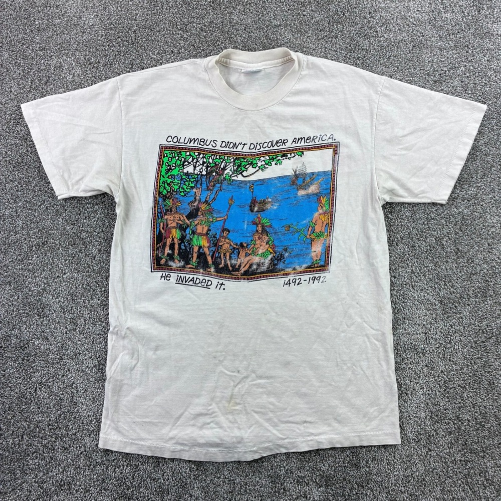 Vintage Christopher‎ Columbus Shirt Mens Medium White Didn't Discover America